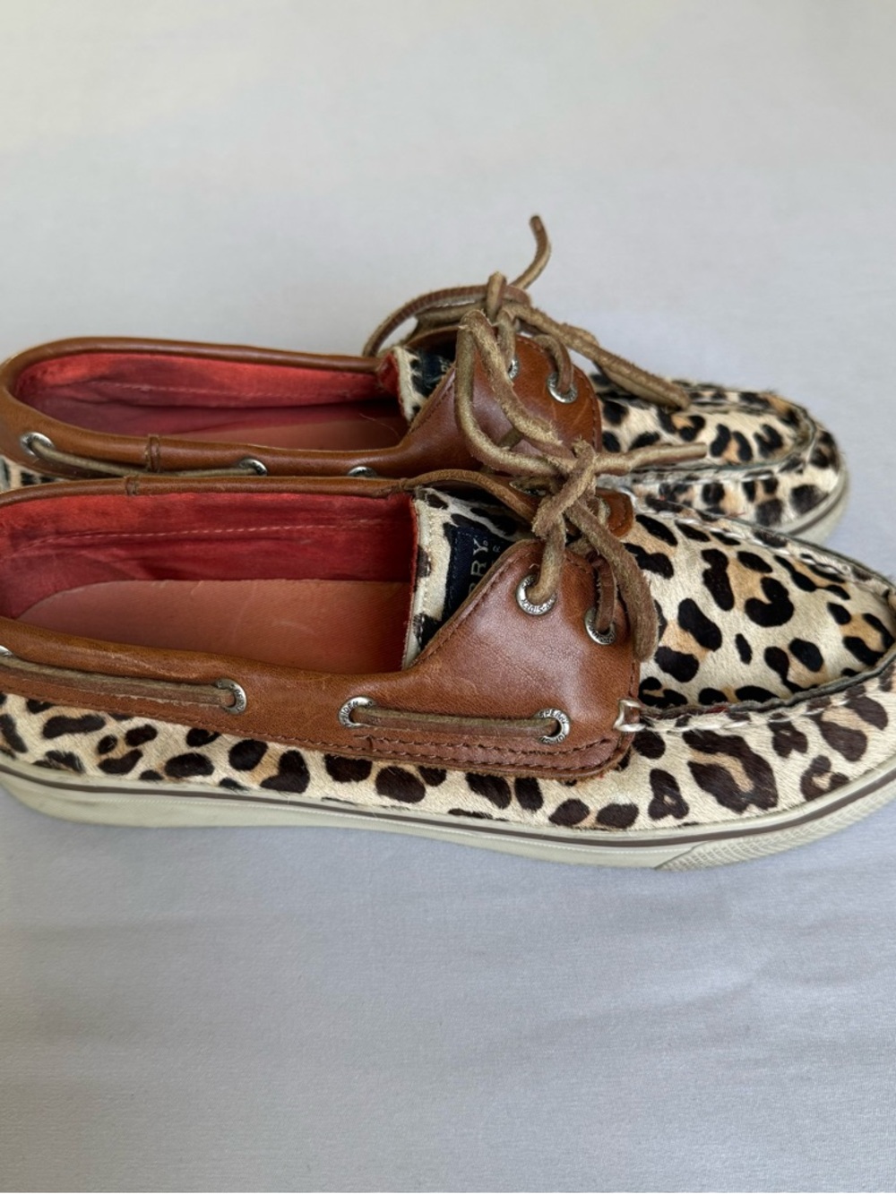 Sperry Leopard Print Boat Shoes with Brown Leather Trim